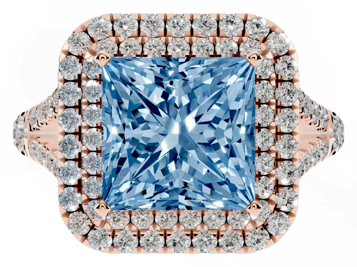 Fancy Blue Double Halo Princess Cut Diamond Split Shank Engagement Ring with Four-Prong Setting Rose gold