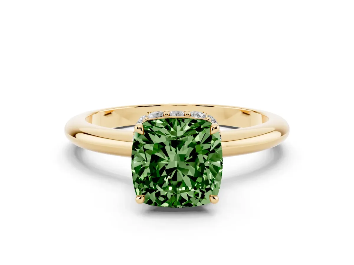 Fancy Green Cushion Cut Brilliant Solitaire Engagement Ring with Six-Prong Setting and Classic Band Yellow gold