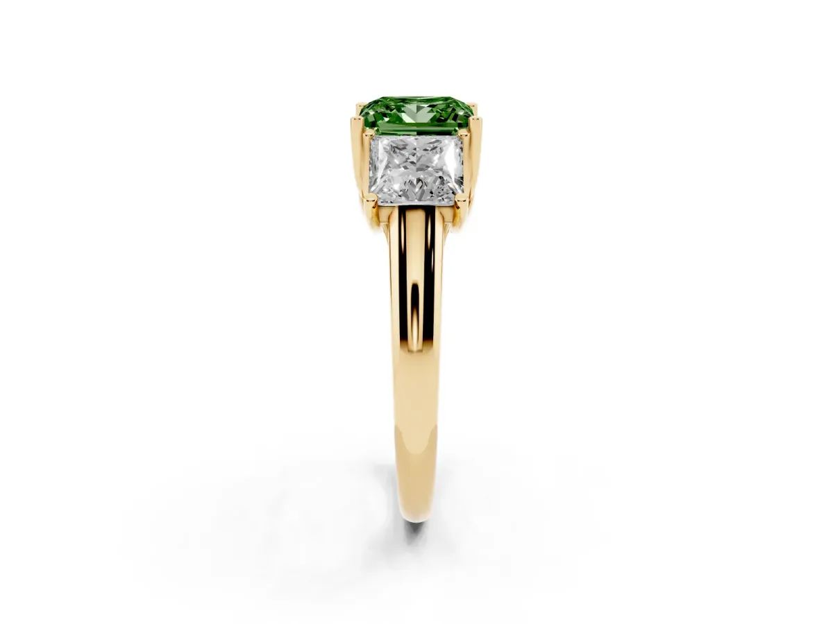 Fancy Green Three-Stone Princess Cut Diamond Engagement Ring with Prong Setting Yellow gold