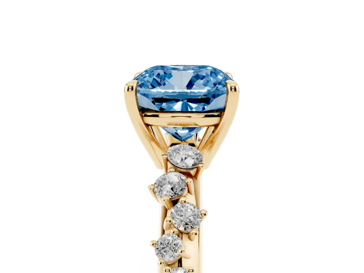 Fancy Blue Cushion Cut Diamond Cluster Side Stone Solitaire Ring with Prong Setting Yellow gold