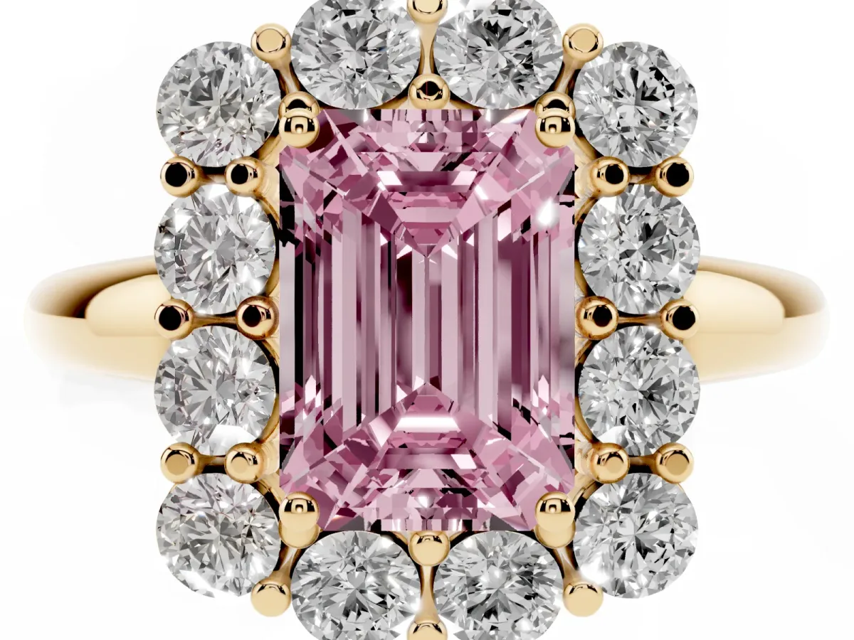 Fancy Pink Emerald Cut Halo Cluster Diamond Engagement Ring with Prong Setting and Polished Band Yellow gold