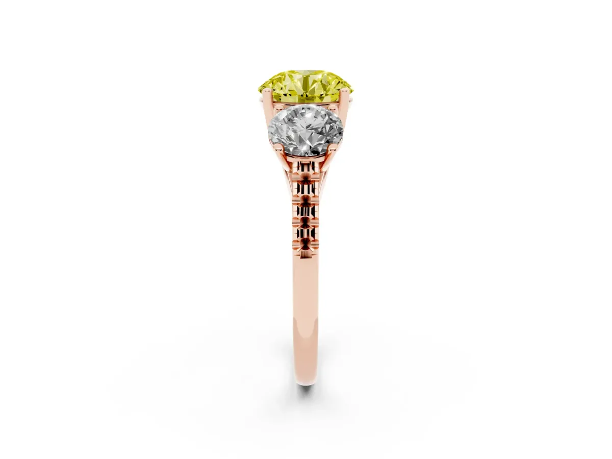 Fancy Yellow Three-Stone Round Cut Diamond Ring with Round Pavé Band and Prong Setting Rose gold