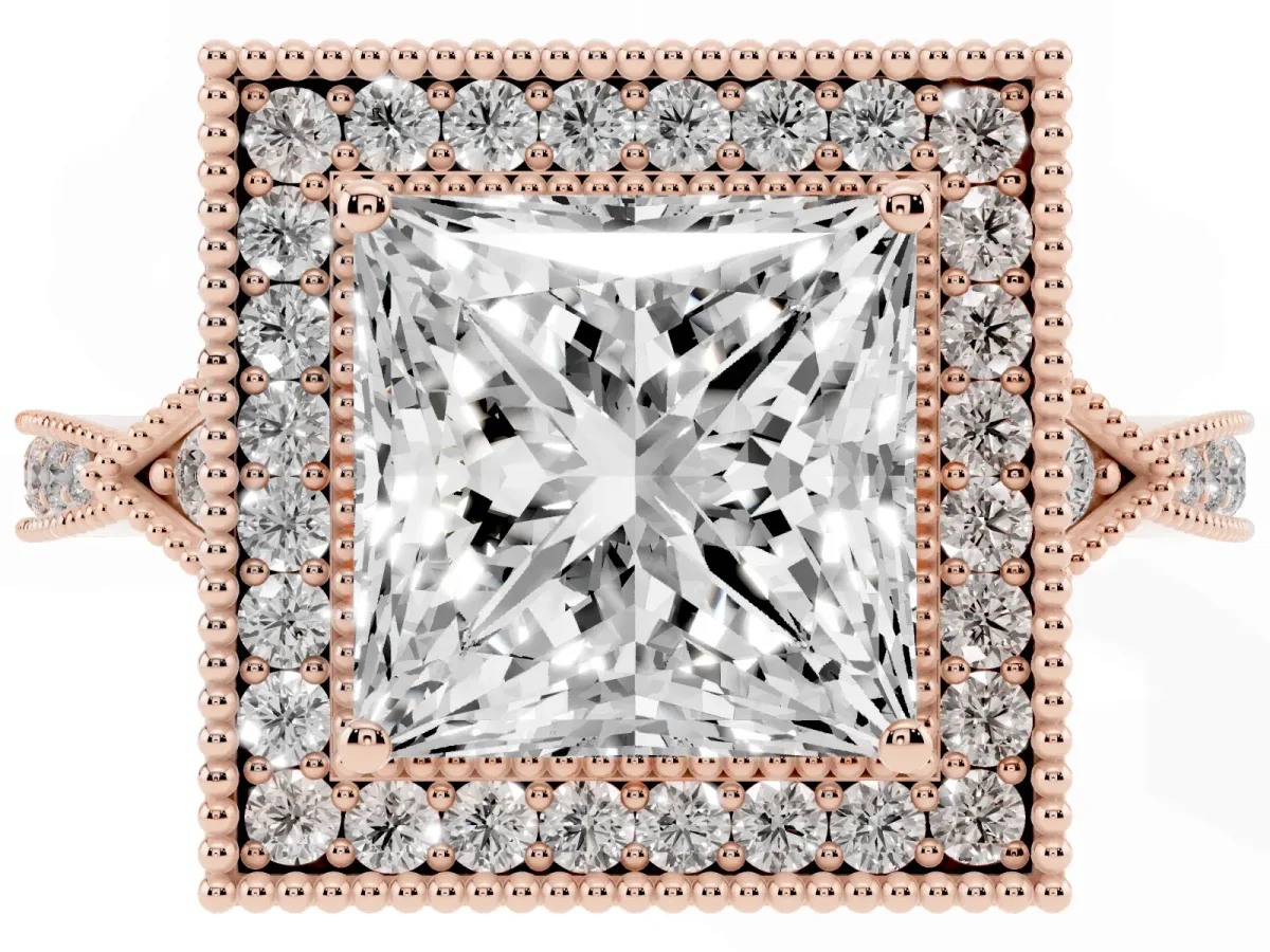 Princess Cut Halo Round Diamond Milgrain Pave Engagement Ring Rose gold
