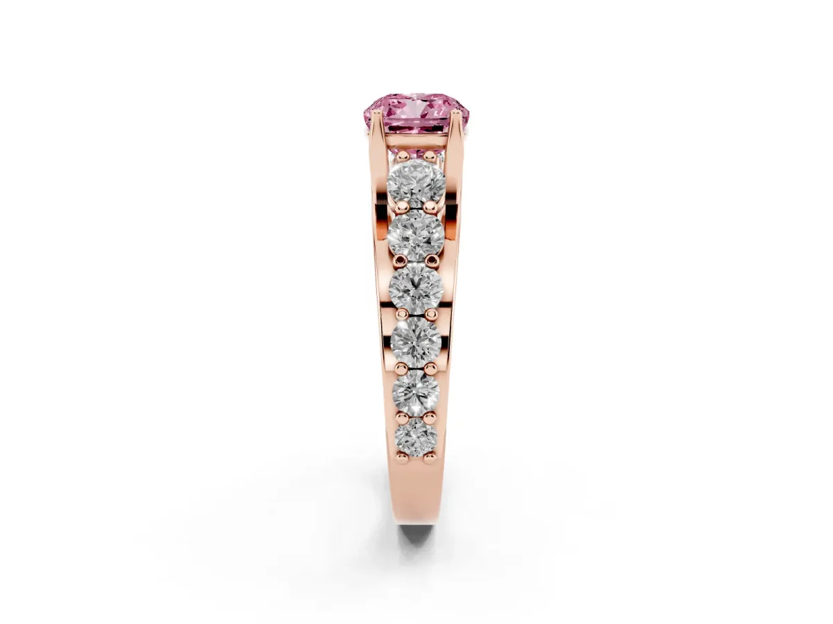 Fancy Pink Cushion Cut Diamond Engagement Ring with Pavé Band and Four-Prong Setting Rose gold