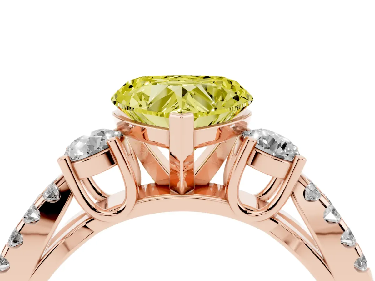 Fancy Yellow Heart Cut Diamond Three-Stone Ring with Pavé Split Shank and Four-Prong Setting Rose gold
