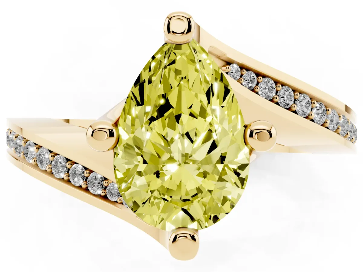 Fancy Yellow Pear Cut Solitaire Diamond Twist Band with Pavé Setting and Four-Prong Setting Yellow gold