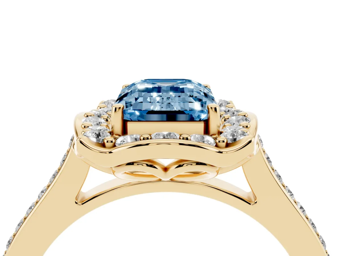 Fancy Blue Emerald Cut Halo Round Diamond Pave Band with Four-Prong Setting Yellow gold