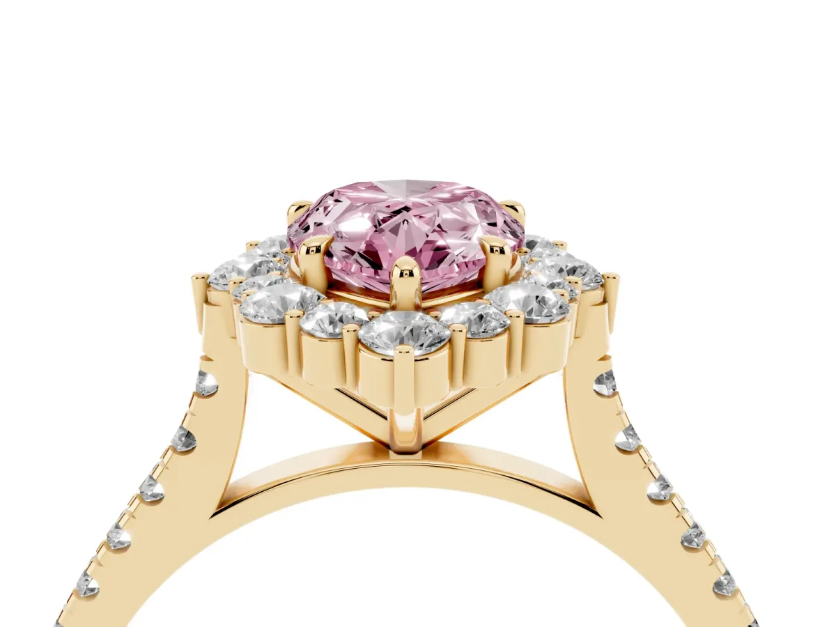 Fancy Pink Pear Cut Halo Diamond Ring with Pavé Band and Prong Setting Yellow gold