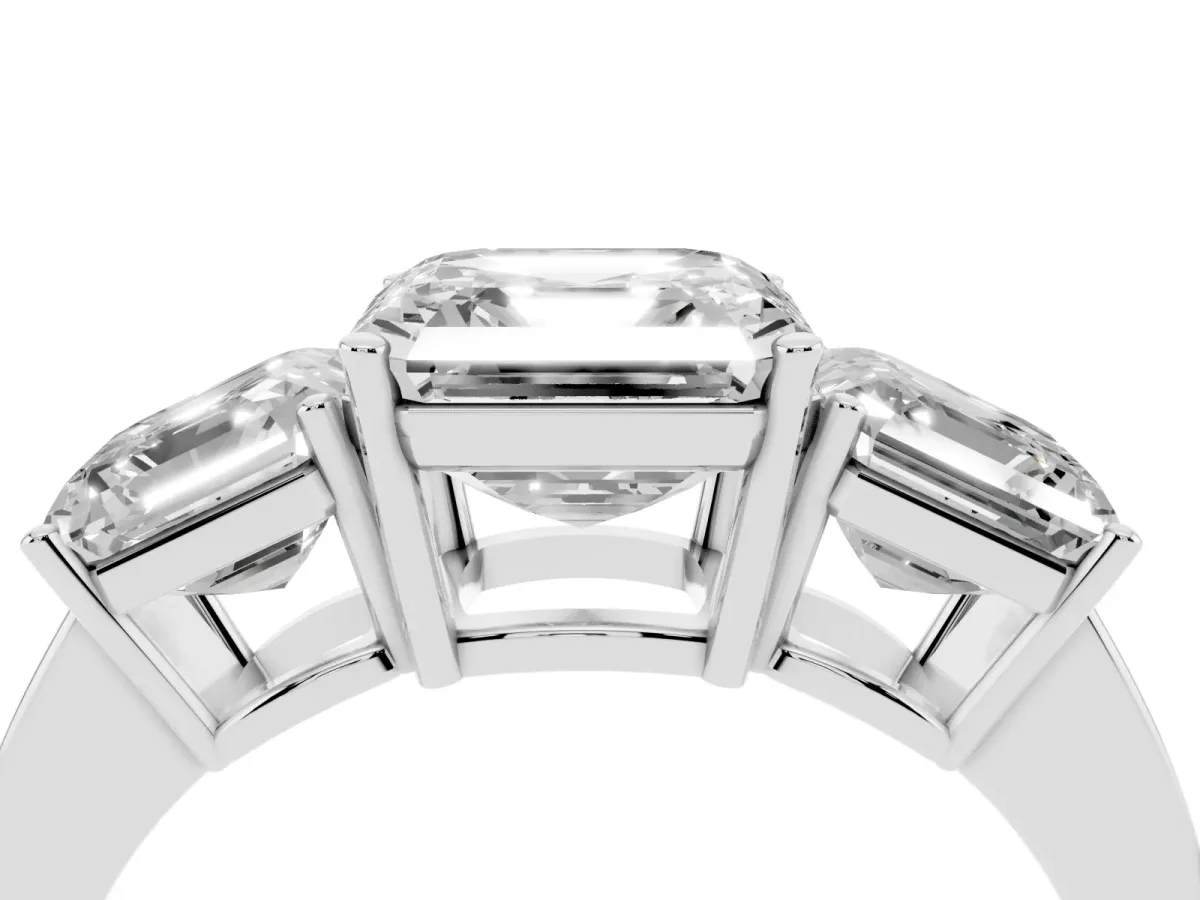 Three-Stone Asscher Cut Cut Diamond Engagement Ring with Flat Band and Four-Prong Setting Platinum