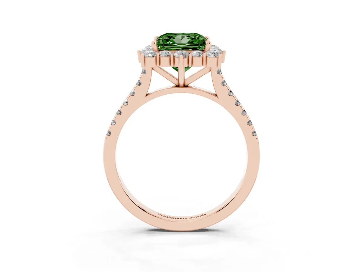 Fancy Green Princess Cut Halo Diamond Ring with Pavé Band and Prong Setting Rose gold
