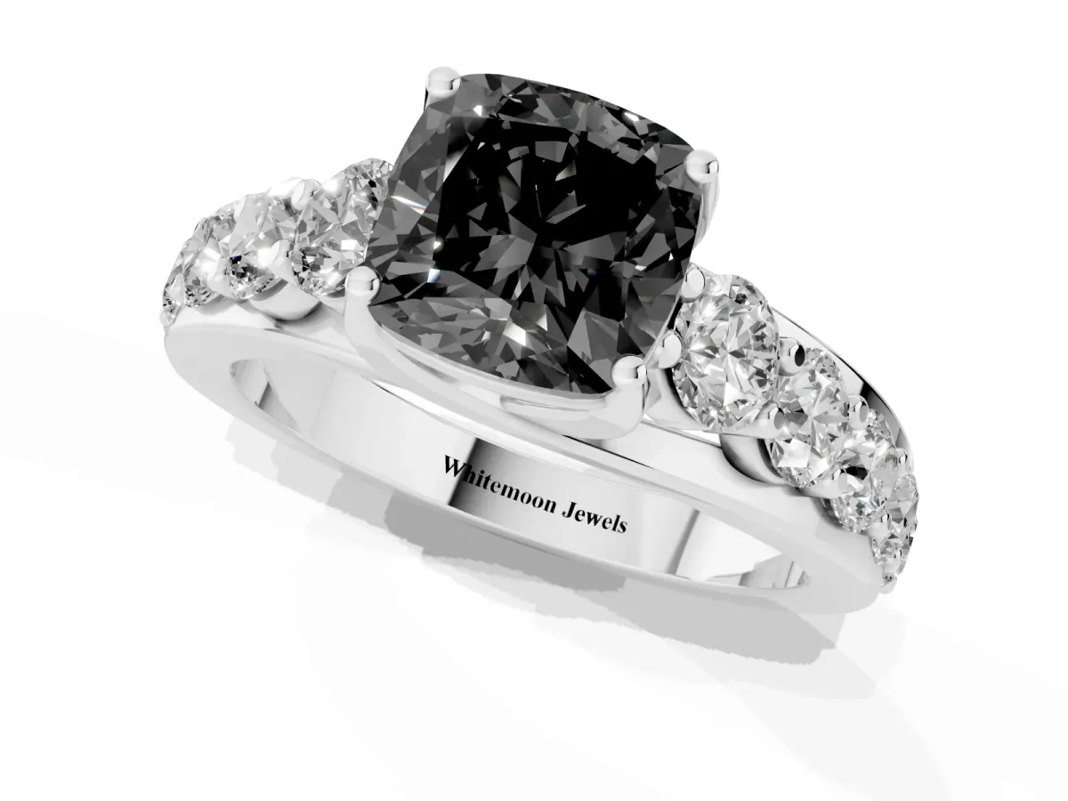 Fancy Black Cushion Cut Diamond Engagement Ring with Pavé Band and Four-Prong Setting Platinum