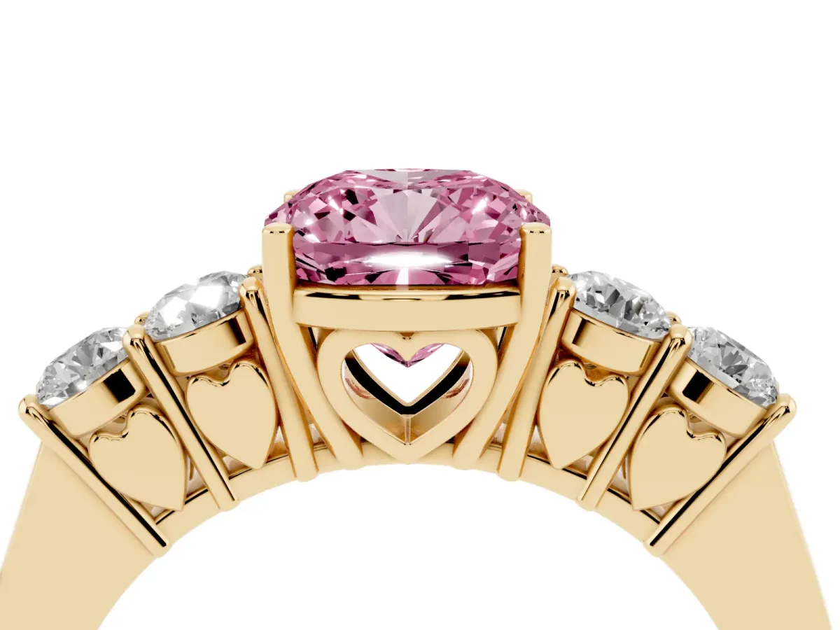 Fancy Pink Cushion Cut Cut Diamond Five-Stone Prong Set White Gold Ring Yellow gold