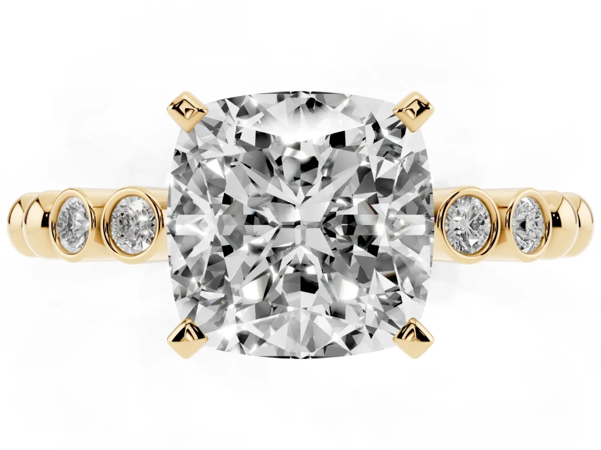 Cushion Cut Solitaire Bezel Accent Diamond Engagement Ring with Beaded Band and Four-Prong Setting Yellow gold