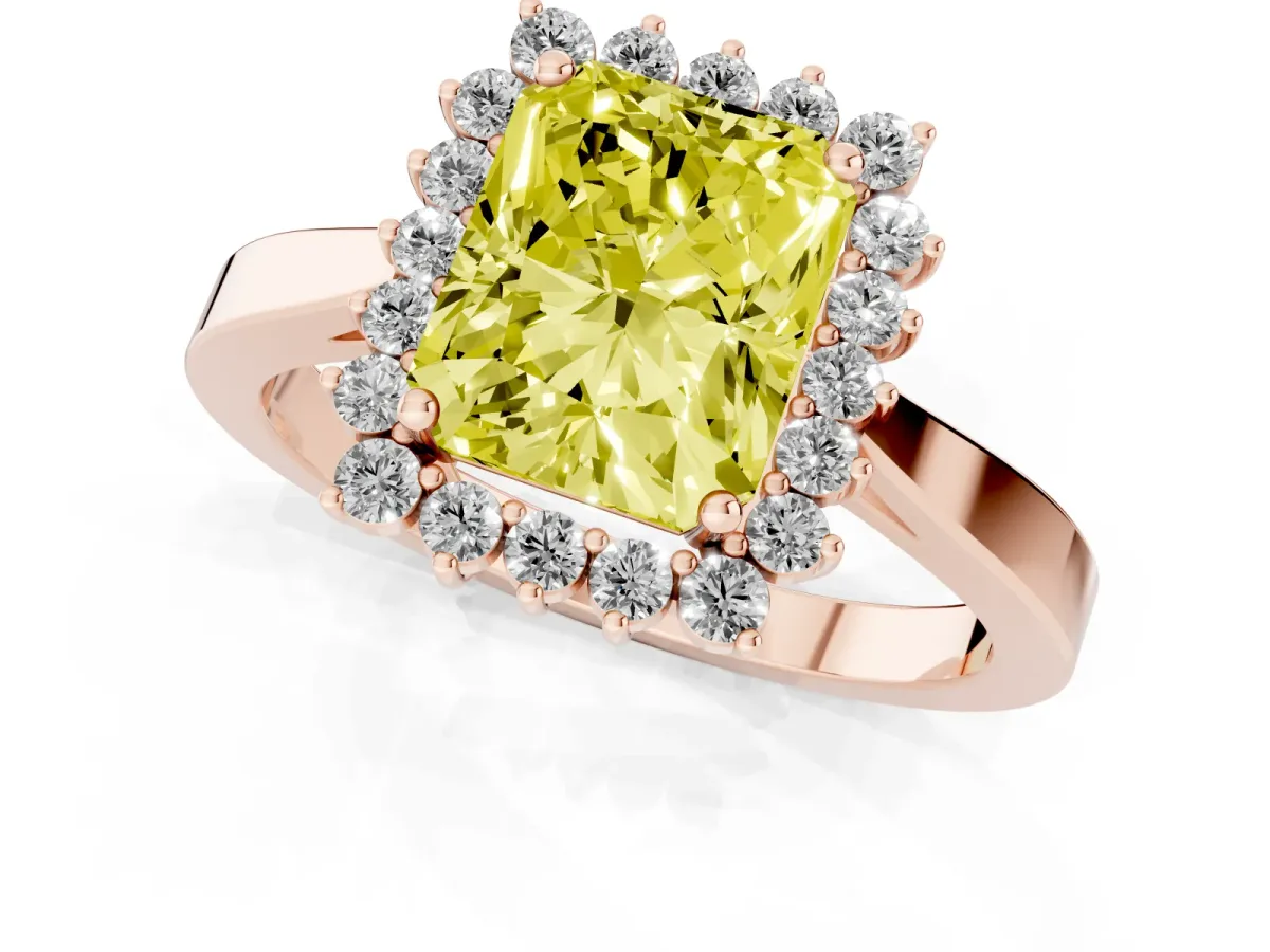 Fancy Yellow Radiant Cut Cut Diamond Halo Ring with Round Brilliant Halo and Solitaire Band Rose gold