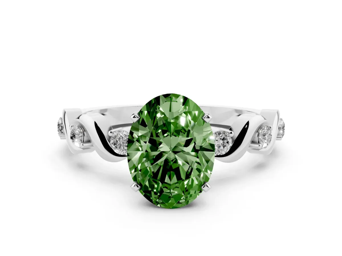 Fancy Green Oval Cut Diamond Solitaire Twisted Band with Round Accents and Prong Setting Silver