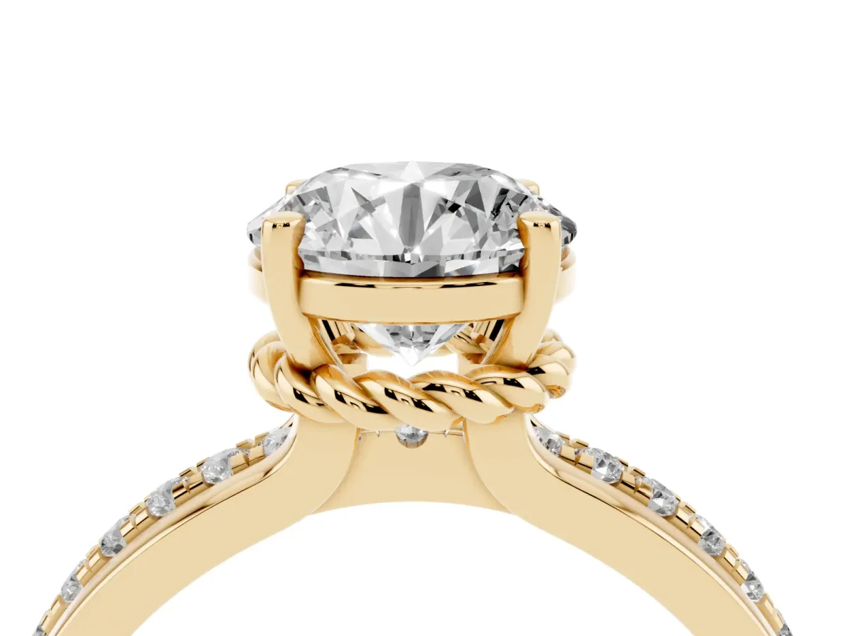 Round Cut Solitaire Diamond Ring with Channel Set Band and Six-Prong Setting Yellow gold
