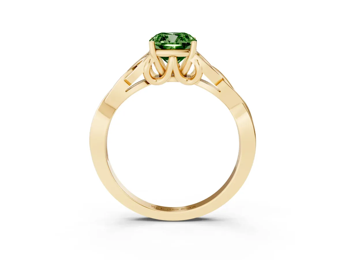 Fancy Green Cushion Cut Diamond Solitaire Engagement Ring with Celtic Knot Band and Four-Prong Setting Yellow gold