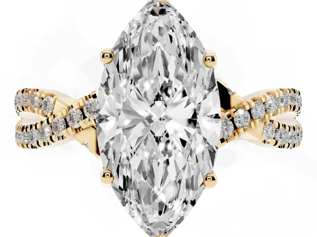Marquise Cut Solitaire Twist Pave Diamond Engagement Ring with Prong Setting Yellow gold
