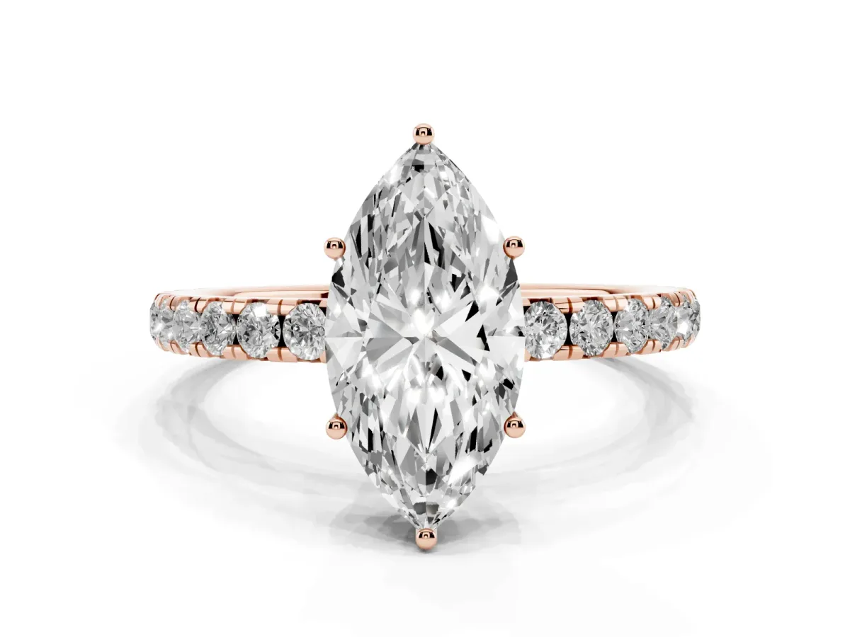 Marquise Cut Diamond Pavé Solitaire Engagement Ring with Four-Prong Setting Rose gold
