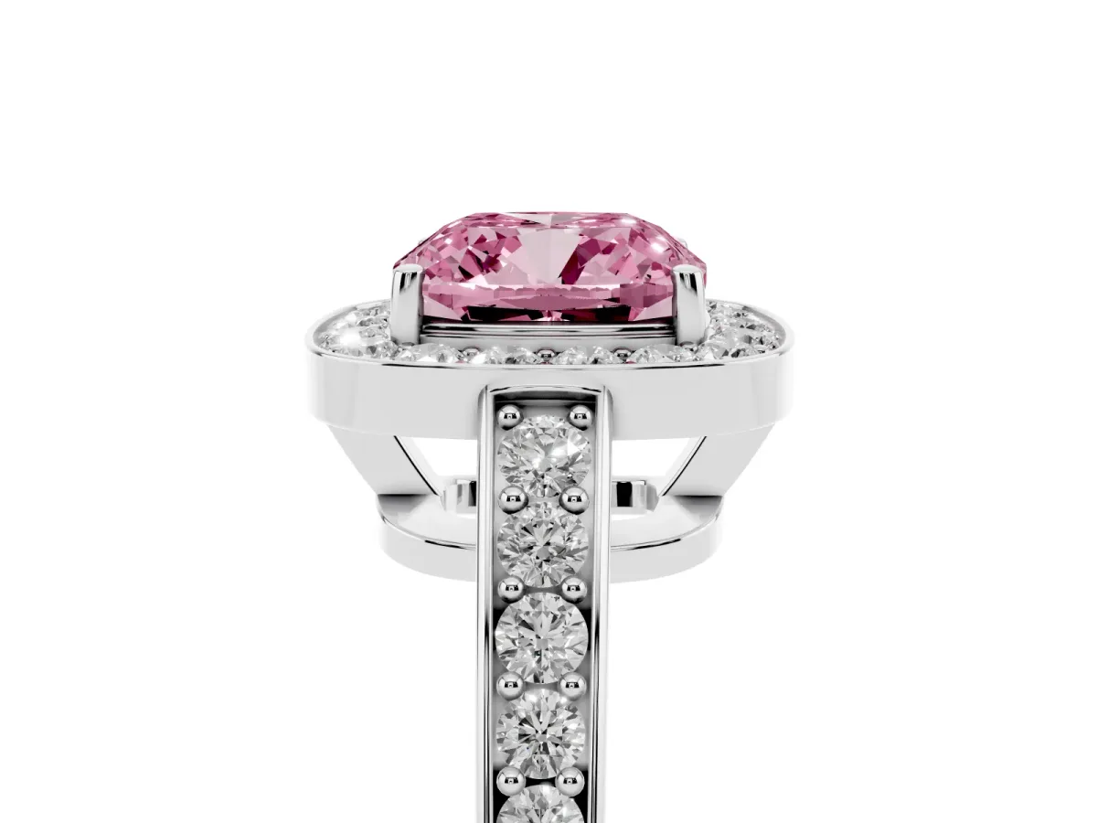 Fancy Pink Cushion Cut Halo Pavé Diamond Engagement Ring with Bezel Setting Silver