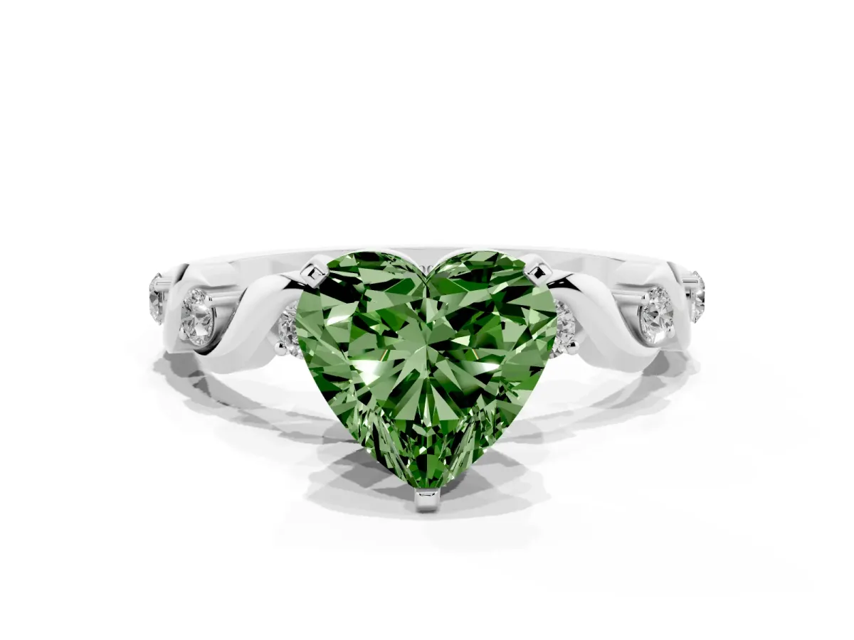 Fancy Green Heart Cut Diamond Solitaire Twisted Band with Round Accents and Prong Setting Platinum