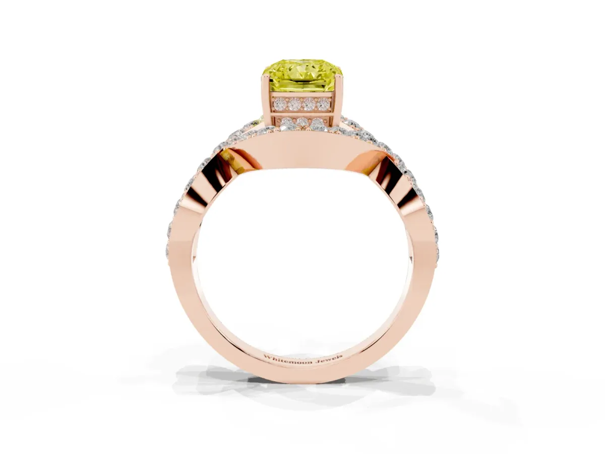 Fancy Yellow Radiant Cut Solitaire Twist Band Pavé Diamond Engagement Ring Rose gold