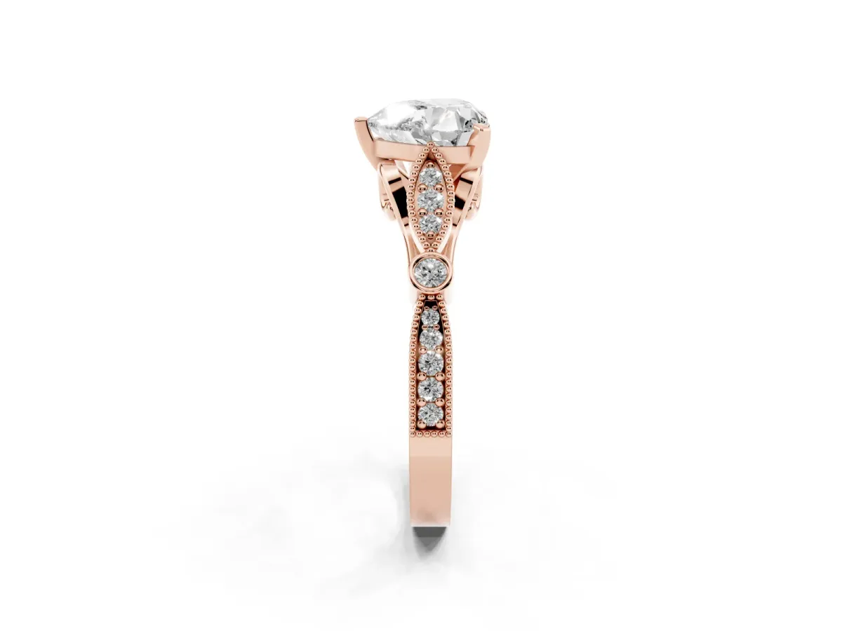 Heart Cut Cut Diamond with Milgrain Marquise and Bezel Accents on a Solitaire Band with Prong Setting Rose gold