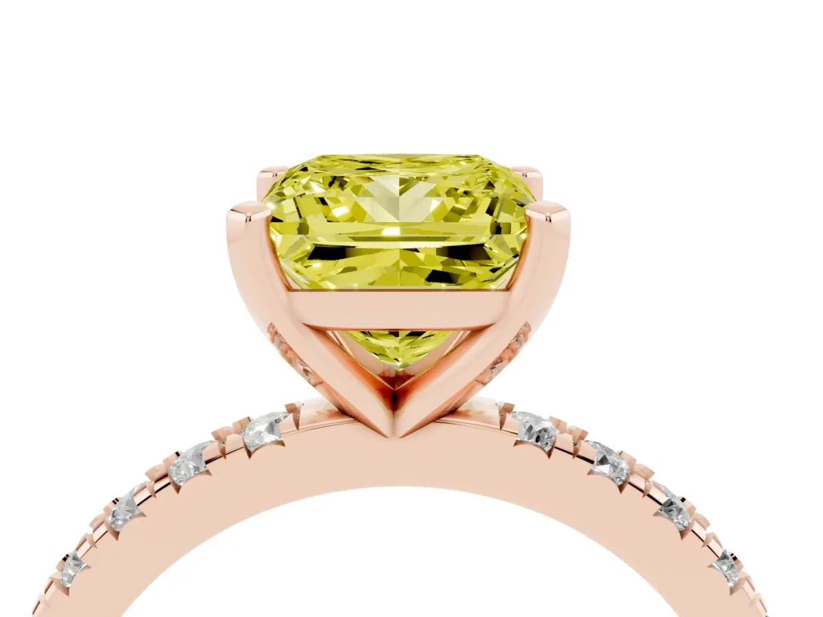 Fancy Yellow Princess Cut Diamond Pavé Band Solitaire with Four-Prong Setting Rose gold