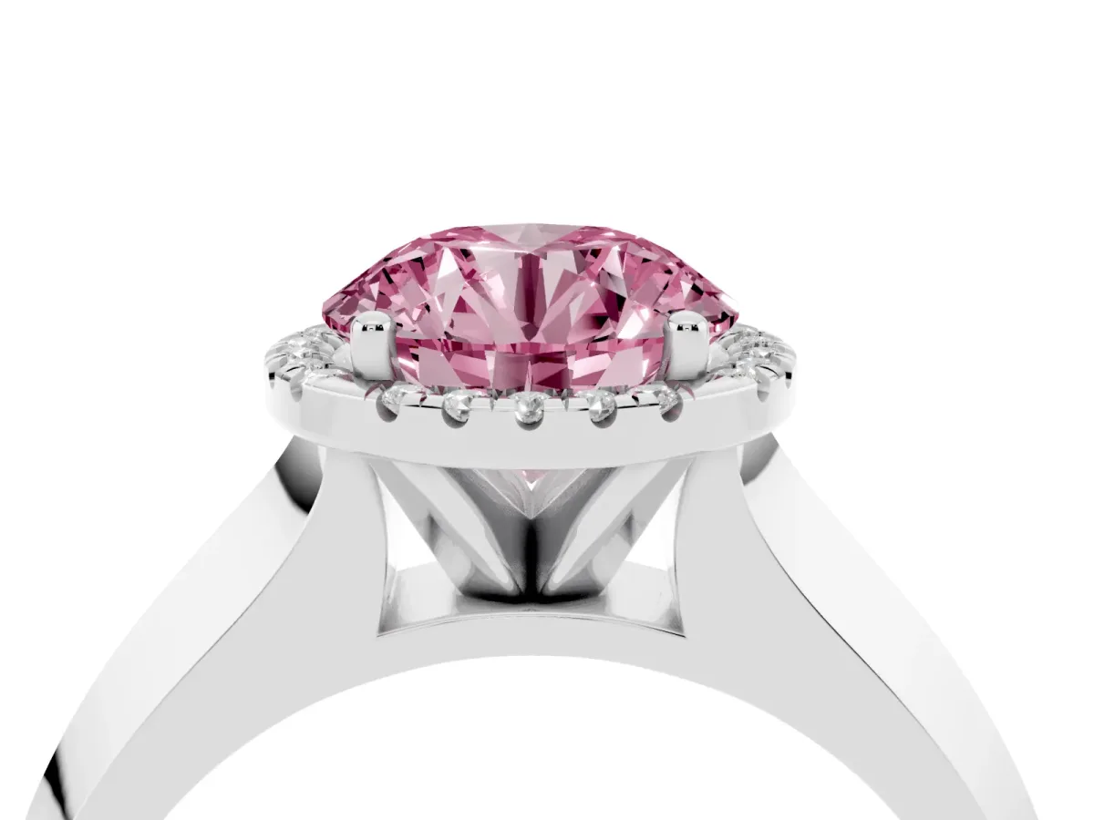 Fancy Pink Round Cut Halo Diamond Ring with Cathedral Band and Four-Prong Setting White gold