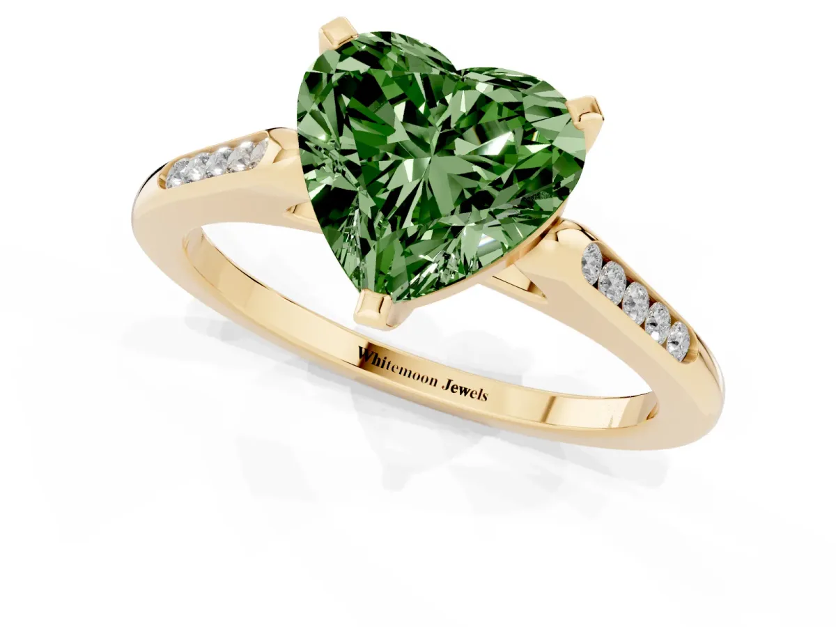 Fancy Green Heart Cut Diamond Solitaire Ring with Channel Set Round Band and Prong Setting Yellow gold