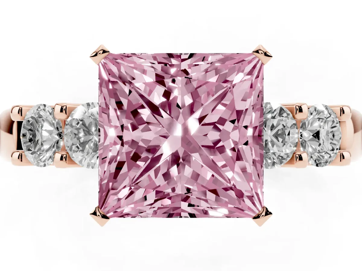 Fancy Pink Princess Cut Brilliant Cut Diamond Five-Stone Prong Set Engagement Ring with Channel Band Rose gold