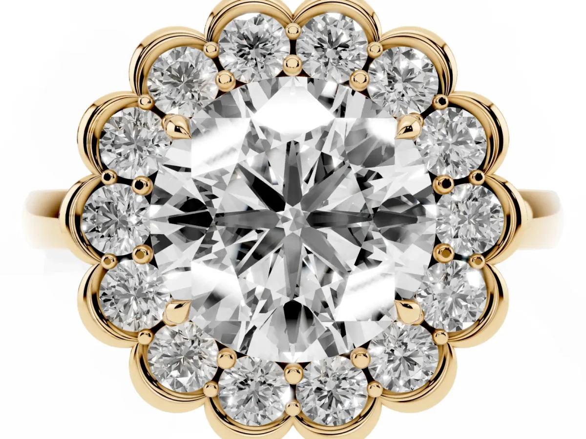 Round Cut Halo Cluster Diamond Engagement Ring with Solitaire Band and Prong Setting Yellow gold