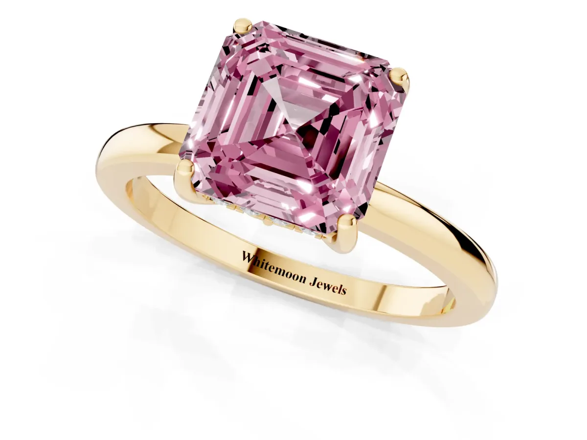 Fancy Pink Asscher Cut Solitaire Diamond Ring with Prong Setting and Plain Band Yellow gold