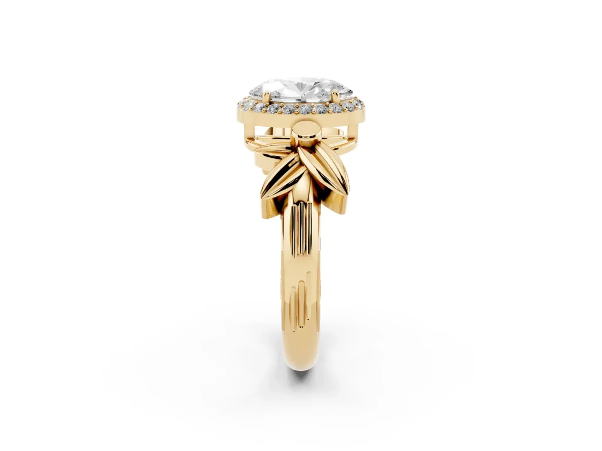 Oval Cut Halo Diamond Floral Band with Four-Prong Setting Yellow gold