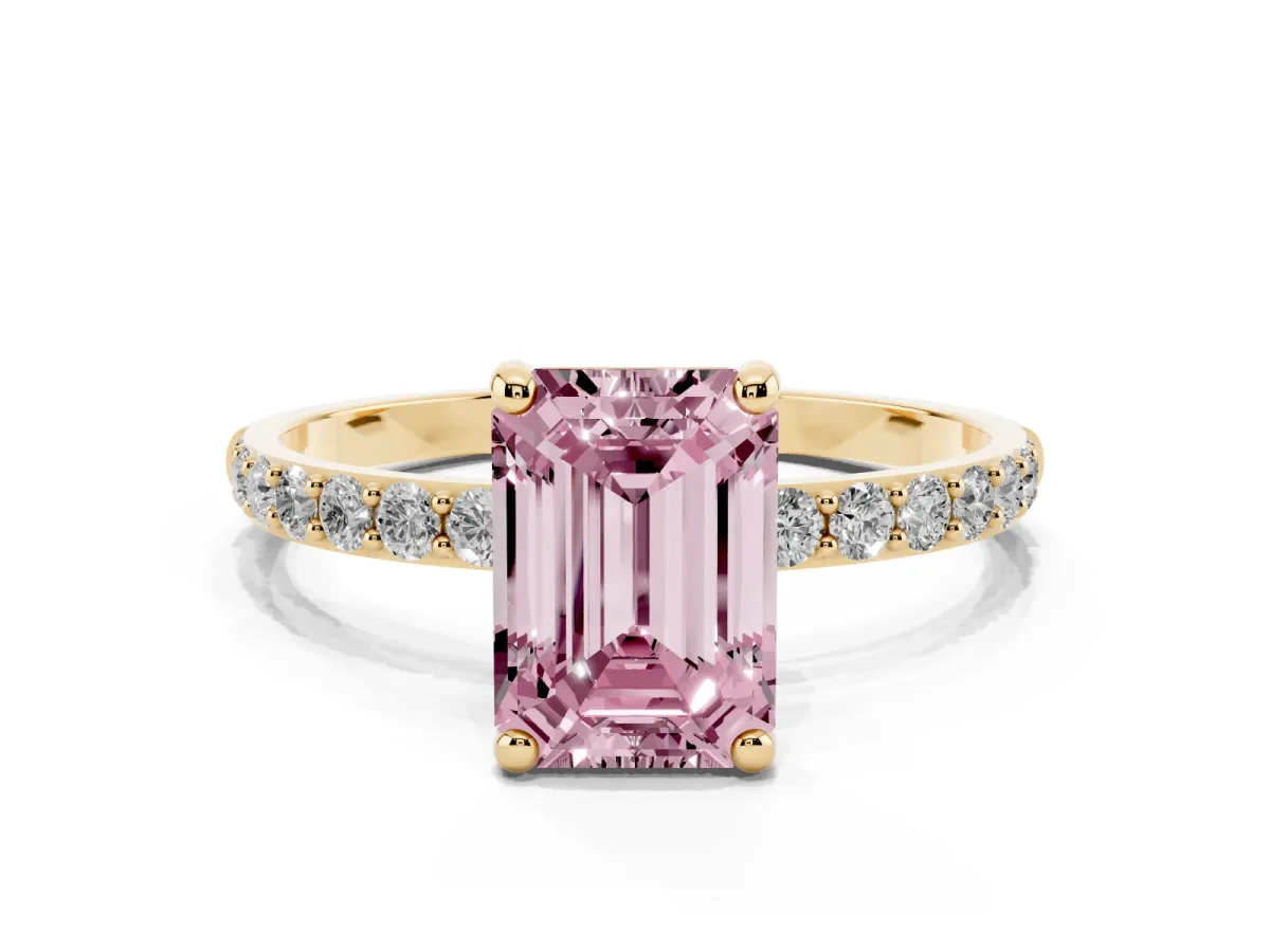 Fancy Pink Emerald Cut Diamond Solitaire Ring with Round Pavé Band and Prong Setting Yellow gold