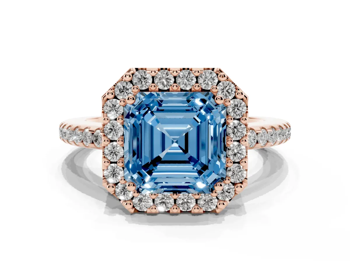 Fancy Blue Asscher Cut Diamond Pavé Halo Ring with Four-Prong Setting Rose gold