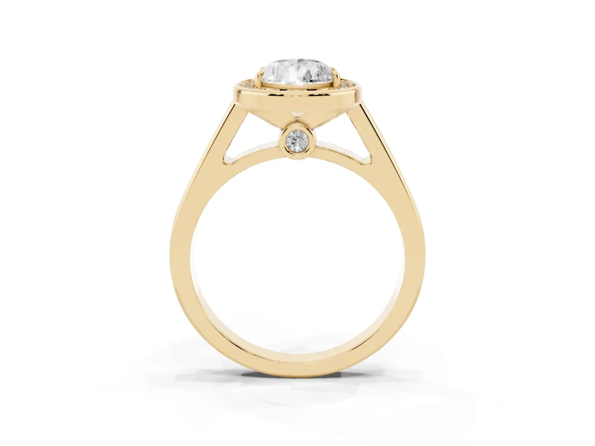 Pear Cut Halo Solitaire Diamond Ring with Pave Band and Bezel Setting Yellow gold