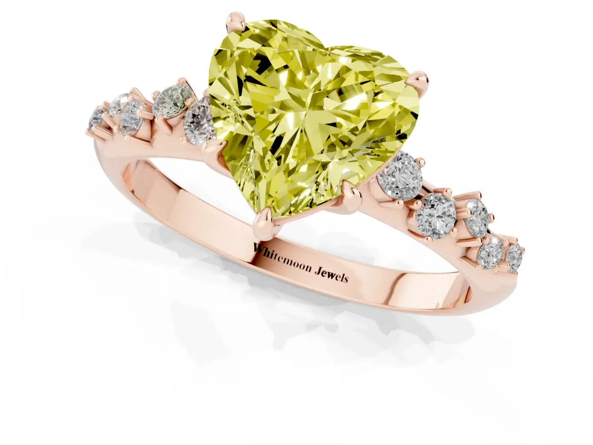 Fancy Yellow Heart Cut Diamond Cluster Side Stone Solitaire Ring with Prong Setting Rose gold