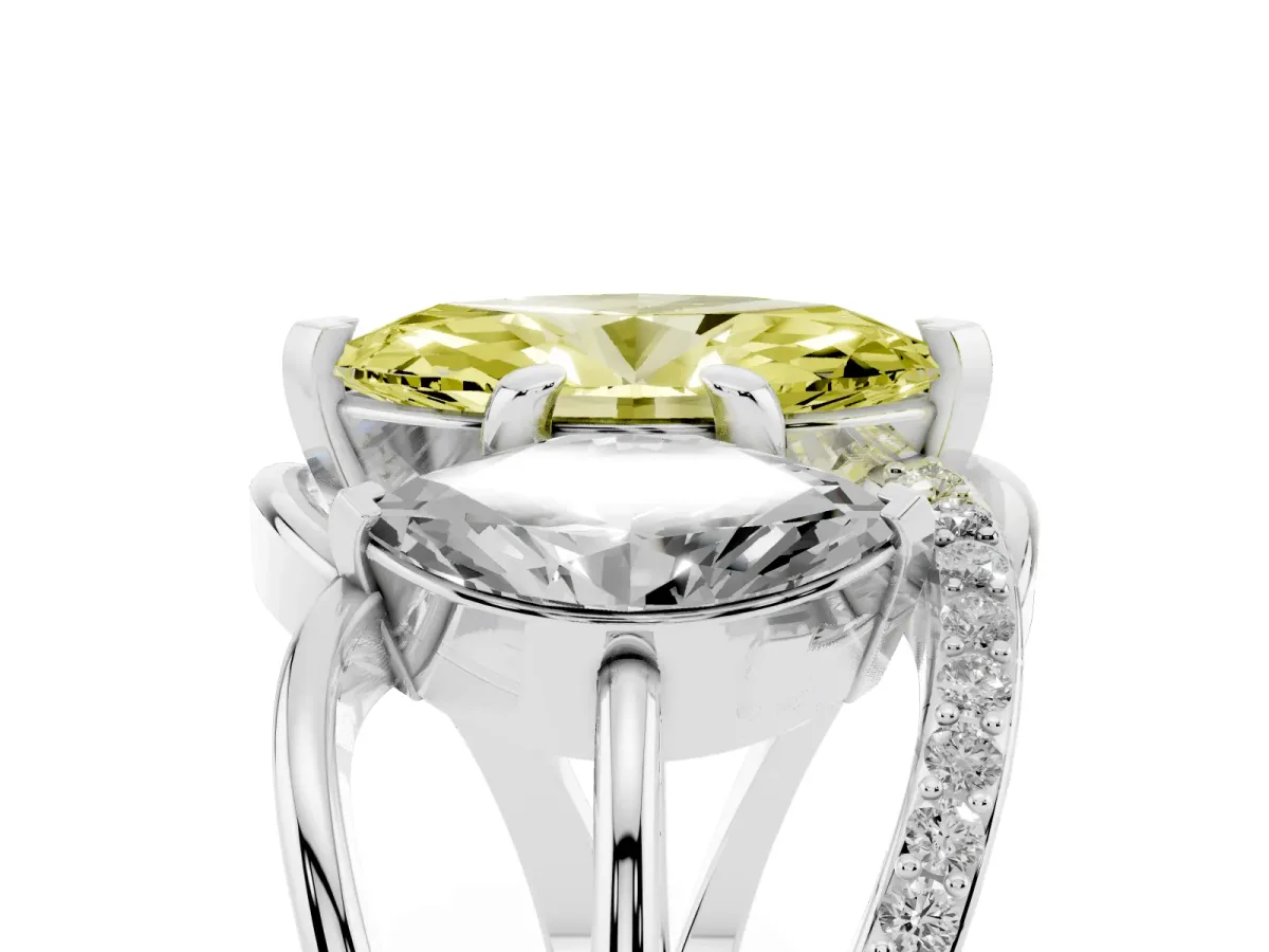 Fancy Yellow Three-Stone Marquise Cut Cut Diamond Split Shank Prong Set Ring Platinum