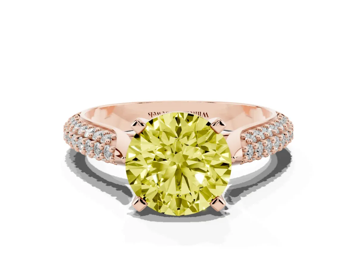 Fancy Yellow Round Cut Diamond Solitaire Engagement Ring with Multi-Row Round Pavé Band and Prong Setting Rose gold