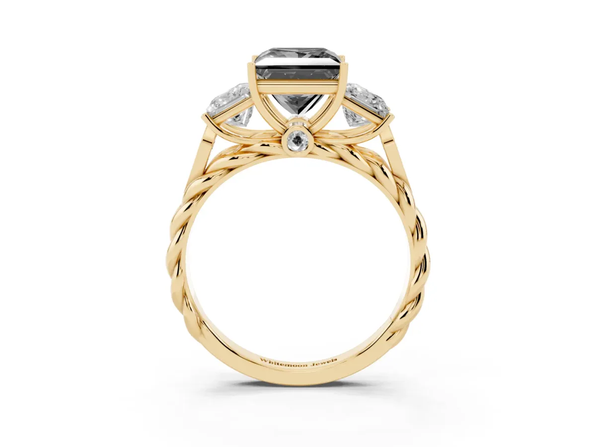 Fancy Black Three-Stone Princess Cut Diamond Braided Band Ring with Four-Prong Setting Yellow gold