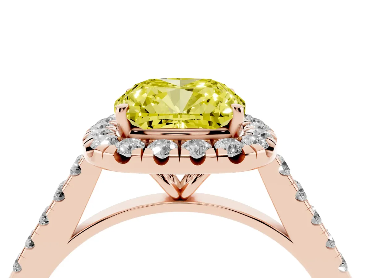 Fancy Yellow Cushion Cut Halo Pave Diamond Engagement Ring with Four-Prong Setting Rose gold