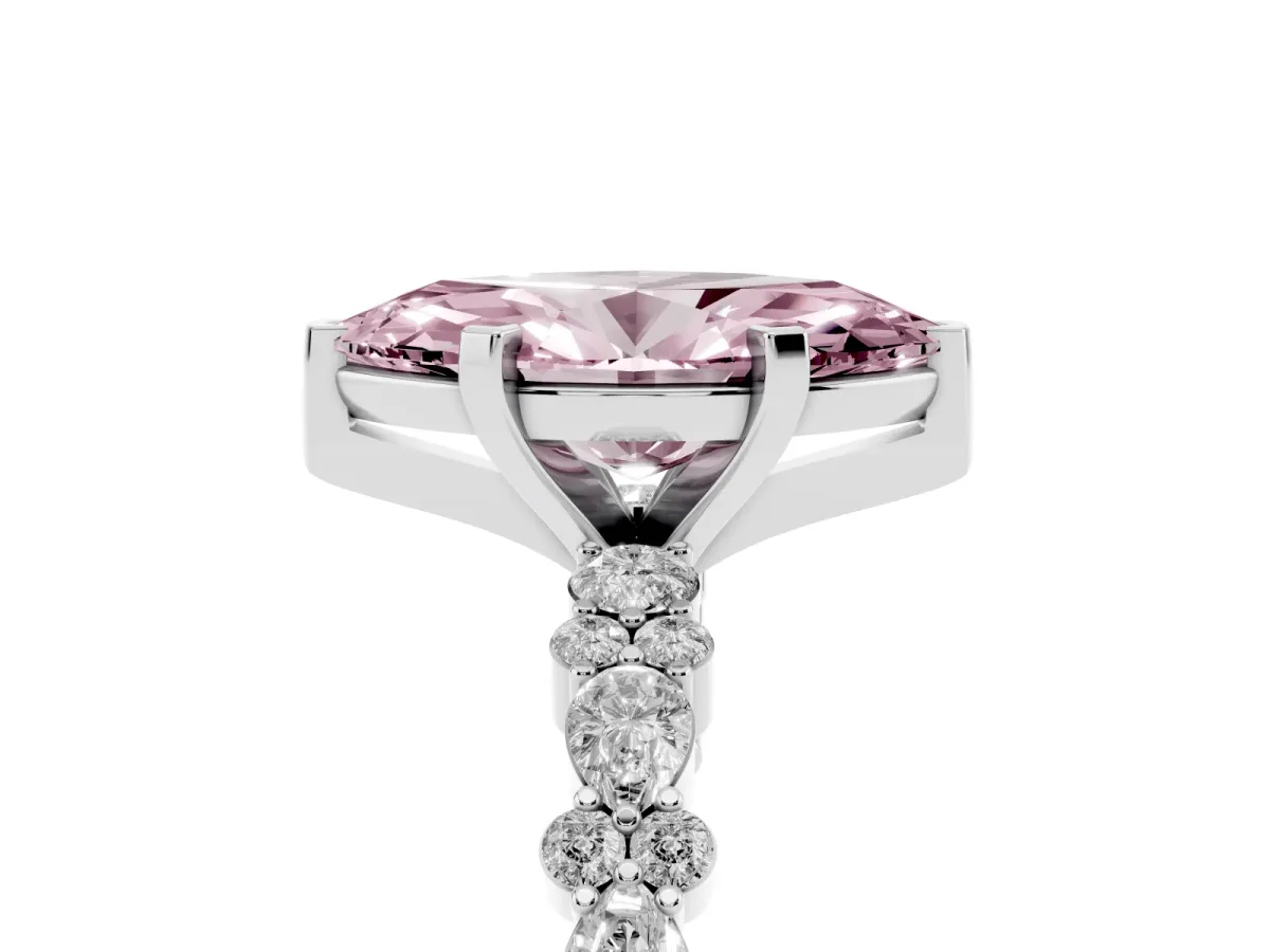 Fancy Pink Marquise Cut Diamond Side Stone Solitaire Ring with Round and Four-Prong Setting Platinum