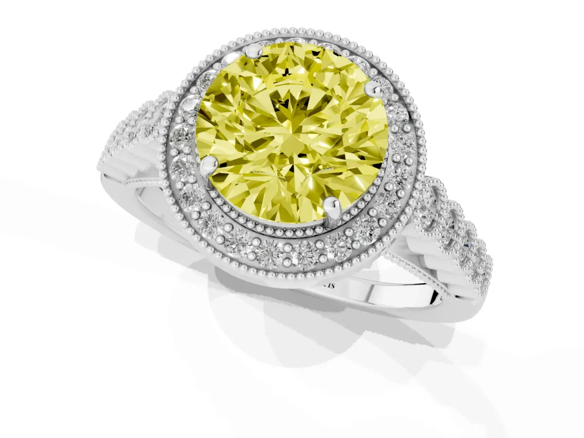 Fancy Yellow Round Cut Halo Milgrain Solitaire with Bezel Set Side Stones and Pave Band Platinum