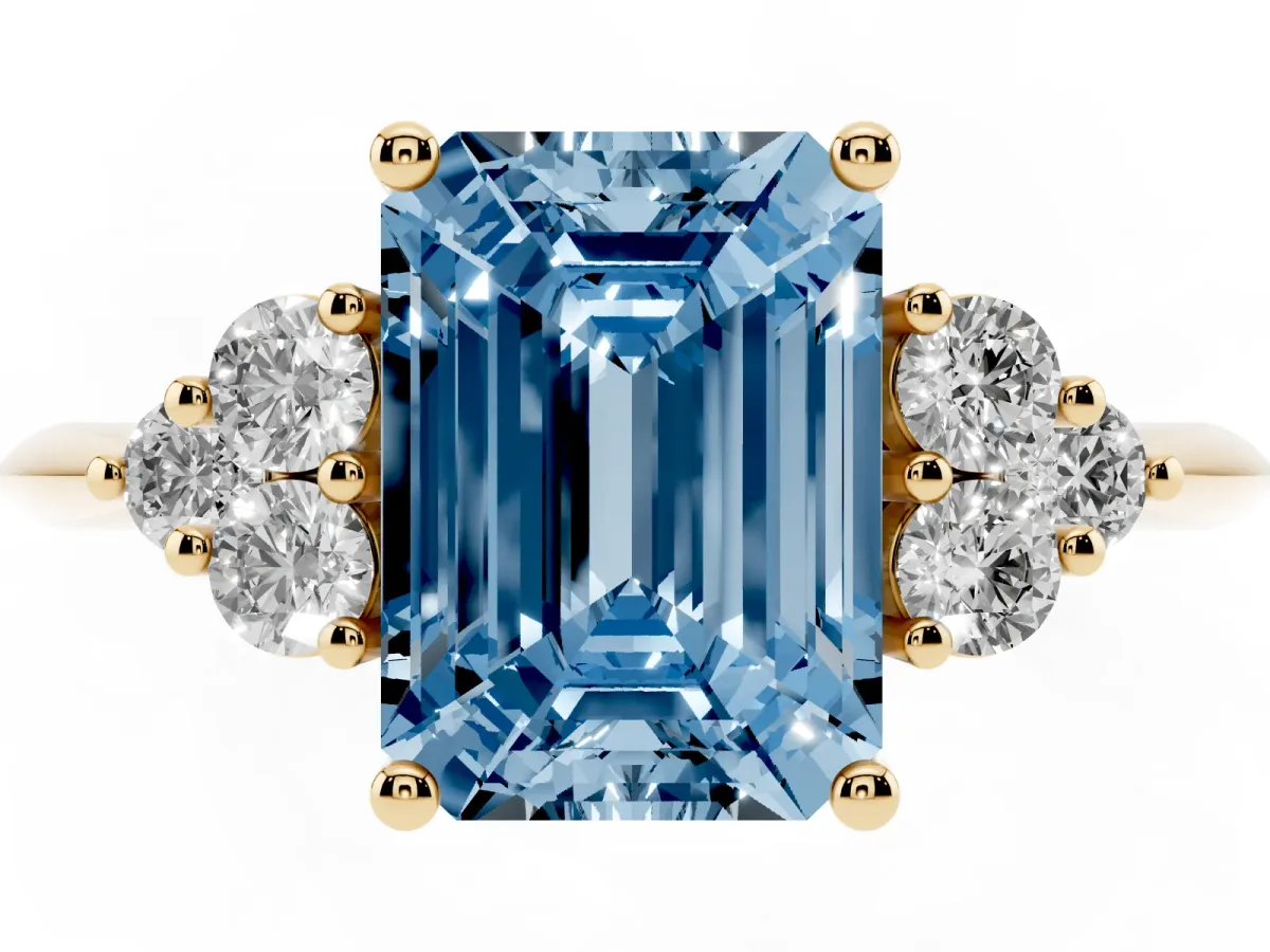 Fancy Blue Emerald Cut Cut Diamond Cluster Ring with Solitaire Band and Four-Prong Setting Yellow gold