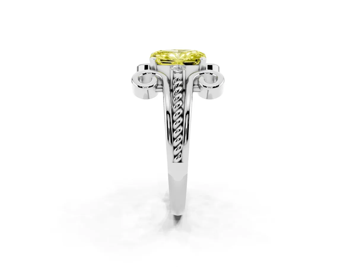 Fancy Yellow Radiant Cut Solitaire Twisted Band Scroll Prong Ring Platinum