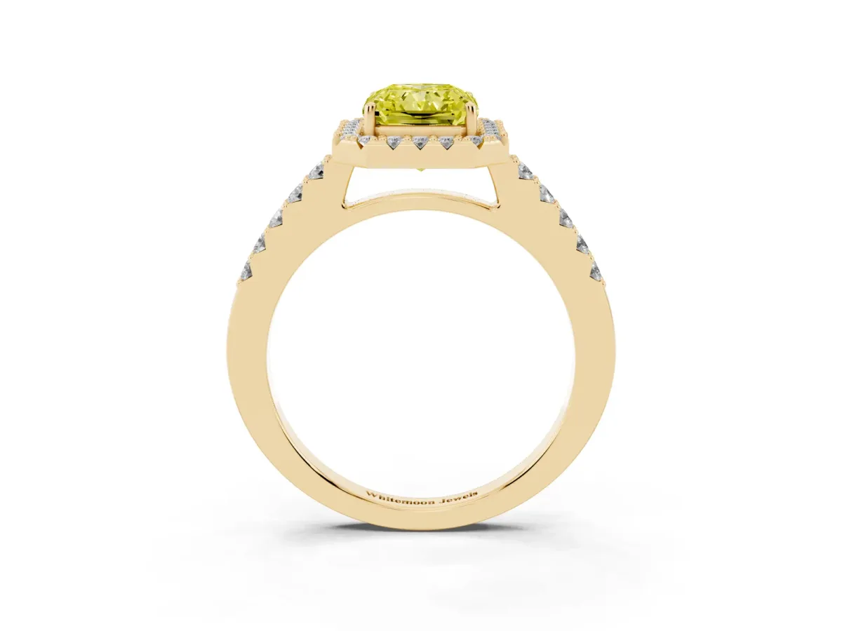 Fancy Yellow Radiant Cut Halo Diamond Pavé Solitaire Ring Yellow gold