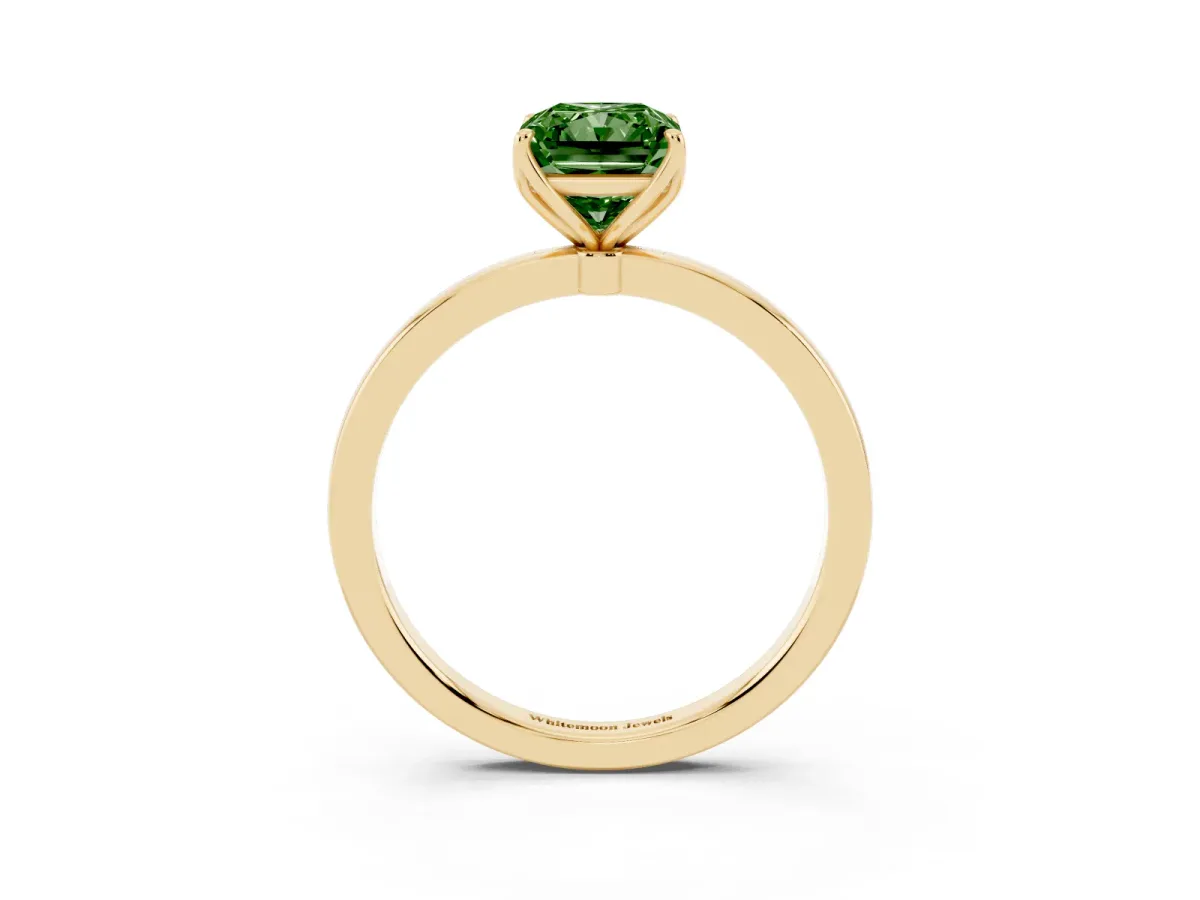 Fancy Green Radiant Cut Diamond Solitaire Ring with Thin Band and Prong Setting Yellow gold