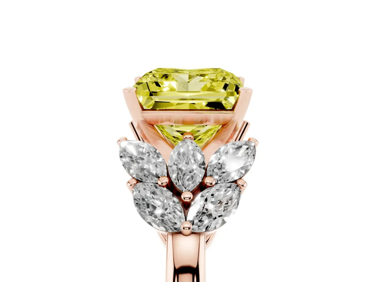 Fancy Yellow Princess Cut Diamond Cluster Leaf Design Ring with Prong Setting Rose gold