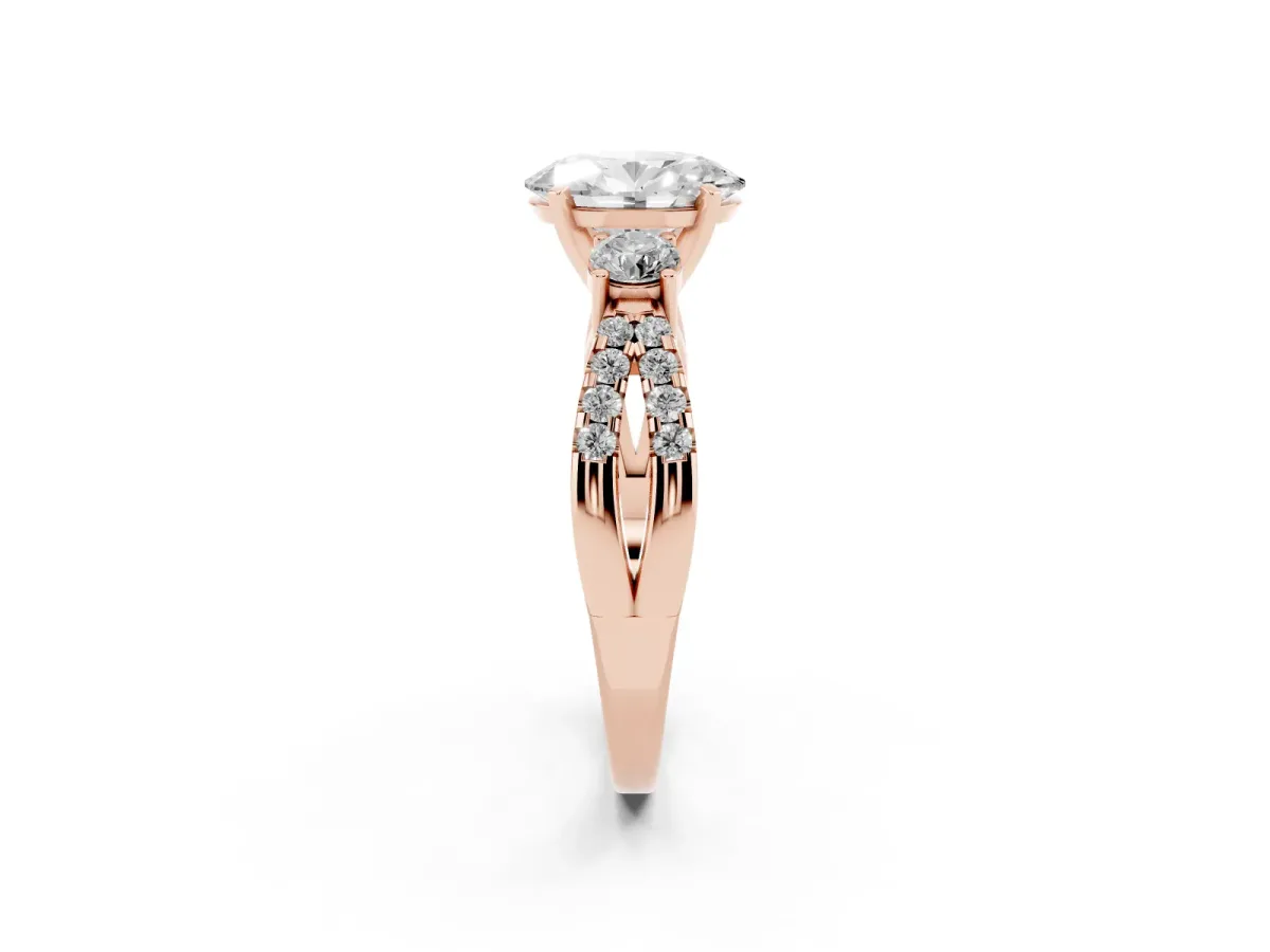 Oval Cut Diamond Three-Stone Ring with Pavé Split Shank and Four-Prong Setting Rose gold